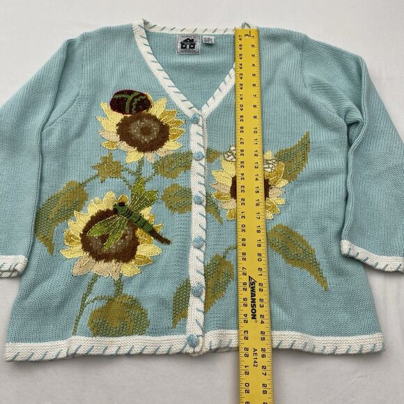 Storybook Knits Sweater Cardigan Womens 2X Blue Sunflower Bee Ramie Cottagecore - Picture 10 of 12